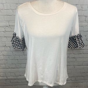 PAPER + TEE T-Shirt Ruffled Sleeve White w Black/White Checks-Large